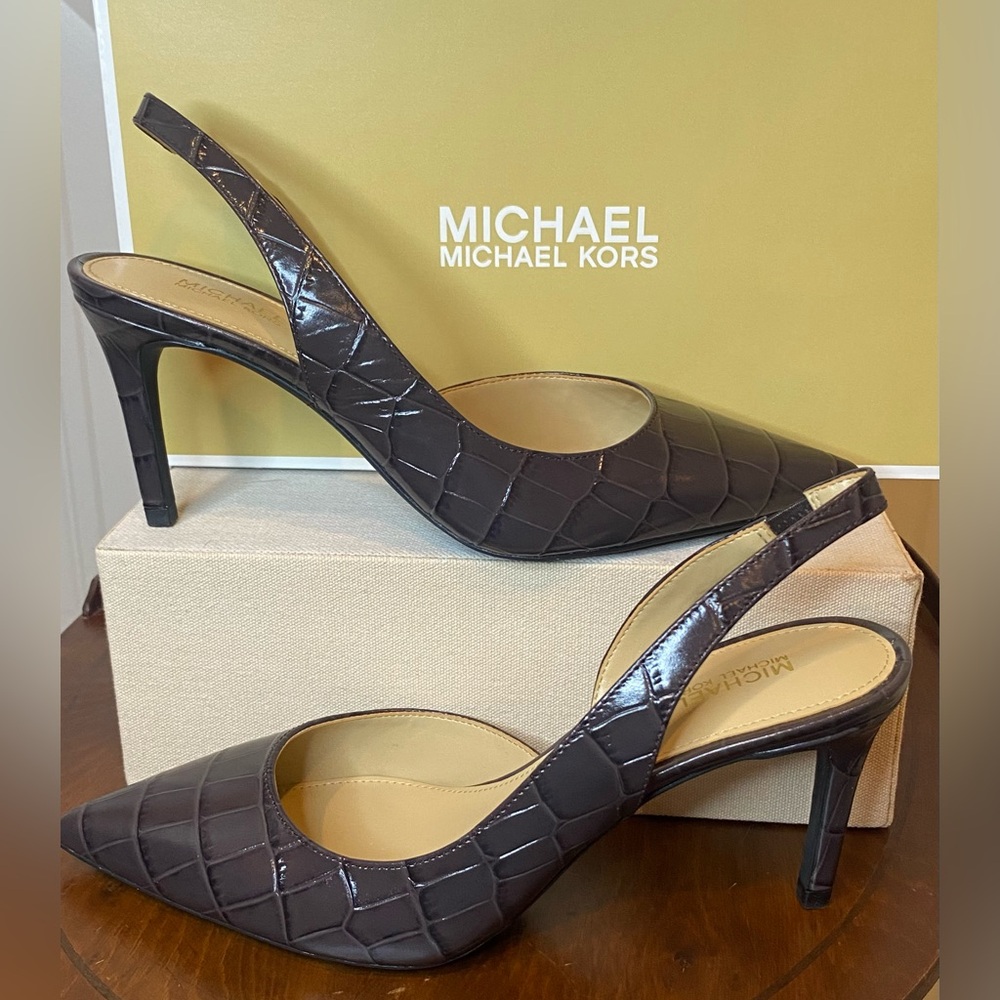 Michael Kors Chocolate Brown Croc-Embossed Leather Slingback Heels Size 7